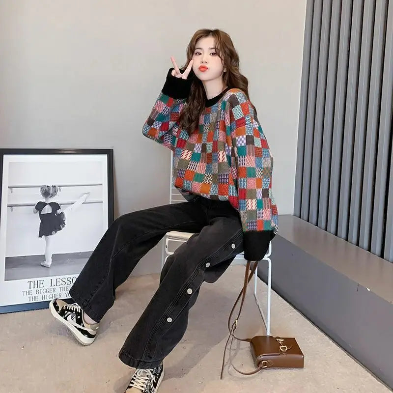 VILZSTUDIOS Cozy Plaid Knit Sweater