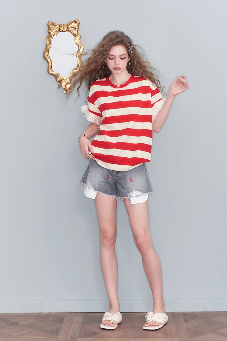 VILZSTUDIOS Colorful Stripe Mesh Splice Loose T-Shirt