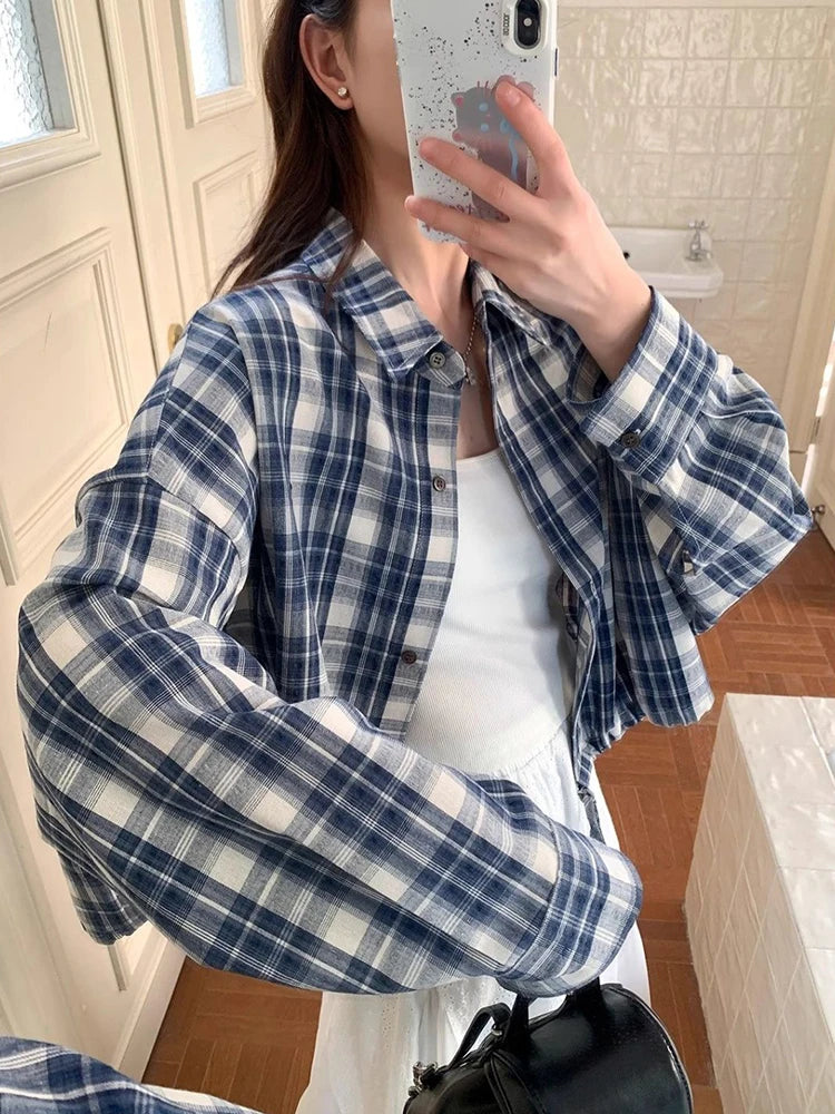 VILZSTUDIOS Blue Plaid Loose Drawstring Shirt