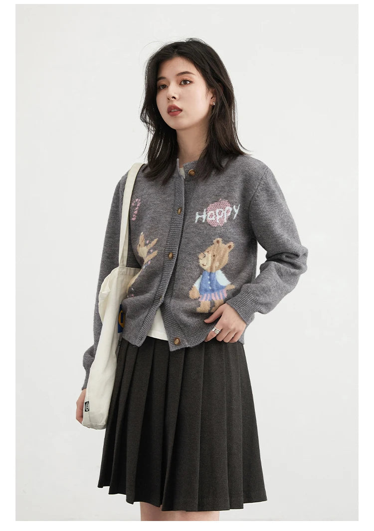 VILZSTUDIOS Retro Jacquard Happy Bear Cardigan