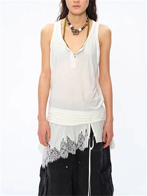 VILZSTUDIOS Sleeveless White Splicing Lace Blouse