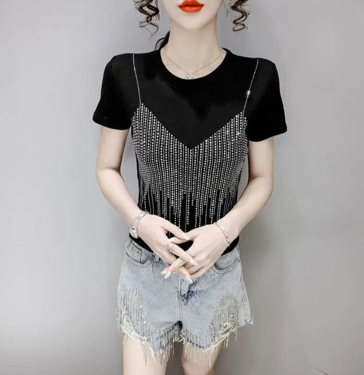 VILZSTUDIOS Shiny Diamond Sequin Slim Fit T-Shirt