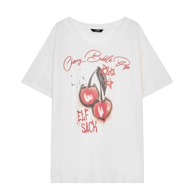 VILZSTUDIOS Vibrant Printed Loose V-Neck T-Shirt