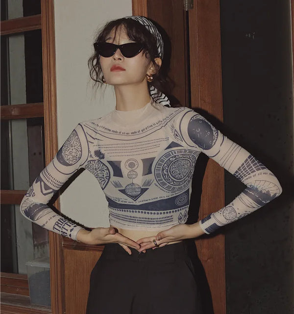 Sheer Nude Mesh Long Sleeve Crop Top