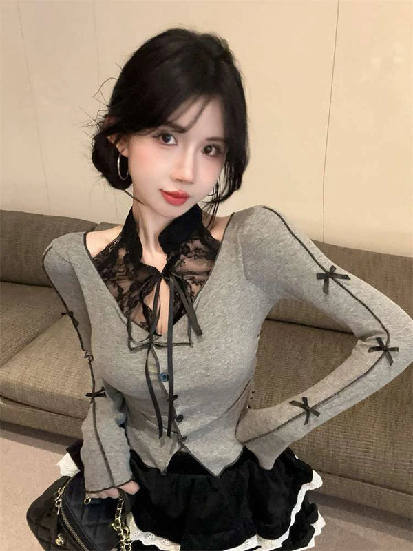 Bow Decoration Lace Top
