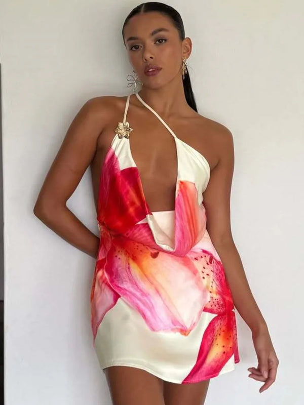 One Shoulder Backless Print Mini Dress