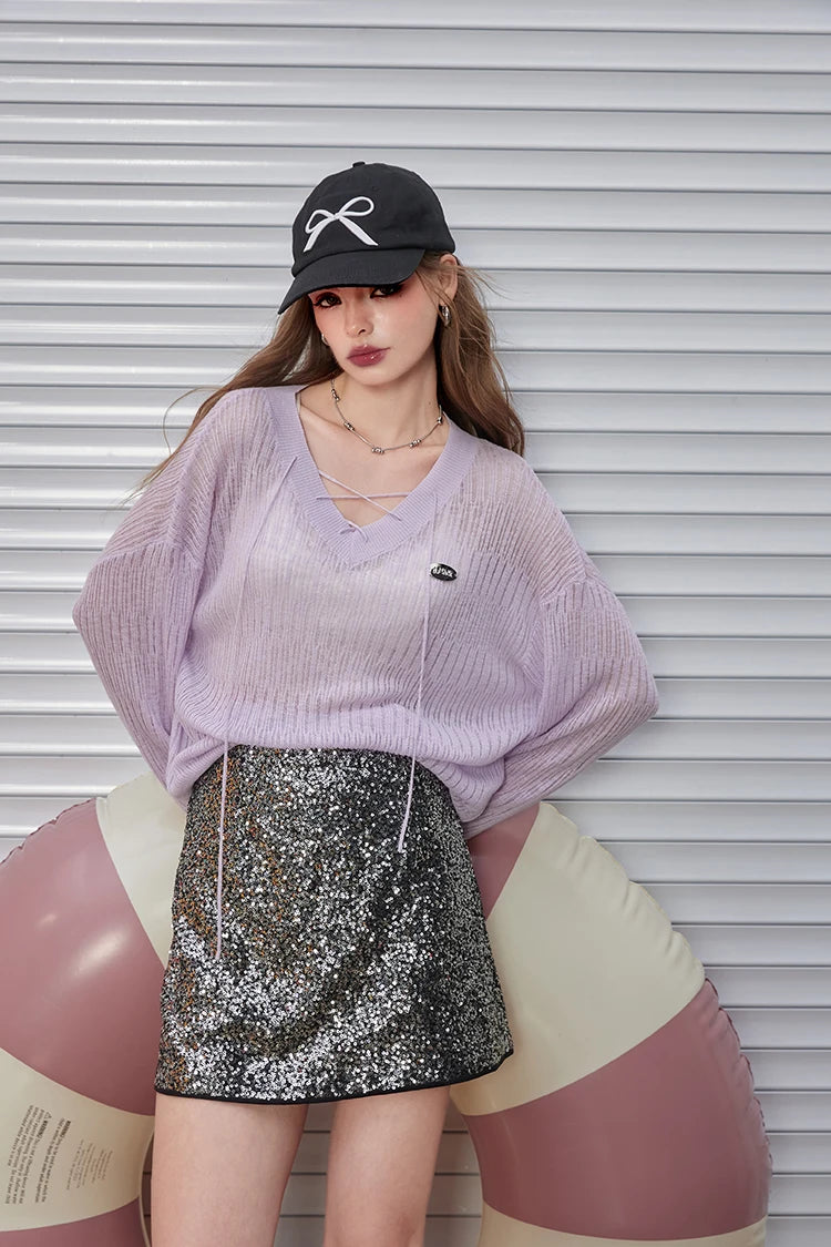 VILZSTUDIOS Silver Sequined High Waisted A-Line Mini Skirt