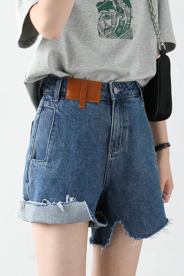 Blue Irregularly Cut High Waisted Jeans Shorts