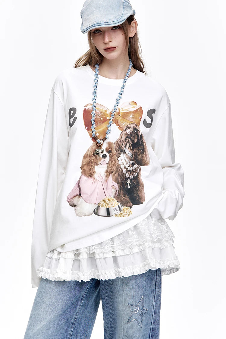 VILZSTUDIOS Cute Casual Puppy Print Long Sleeve Top
