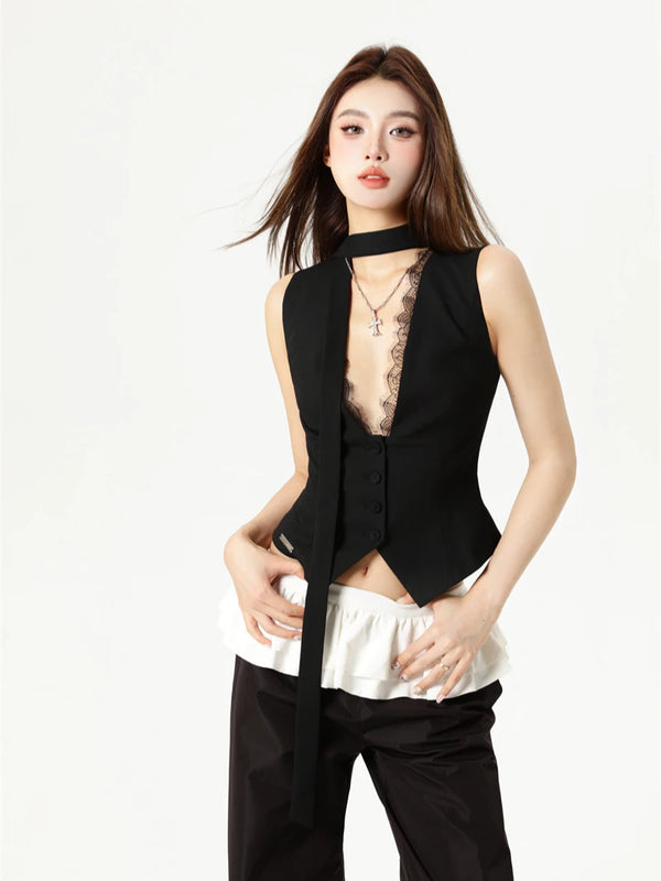 Lace Deep V-Neck Sexy Sleeveless Crop Top
