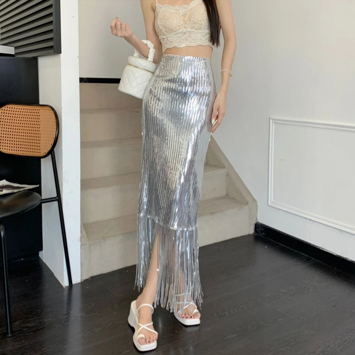 VILZSTUDIOS Sequin Tassel Bodycon High Waist Skirt
