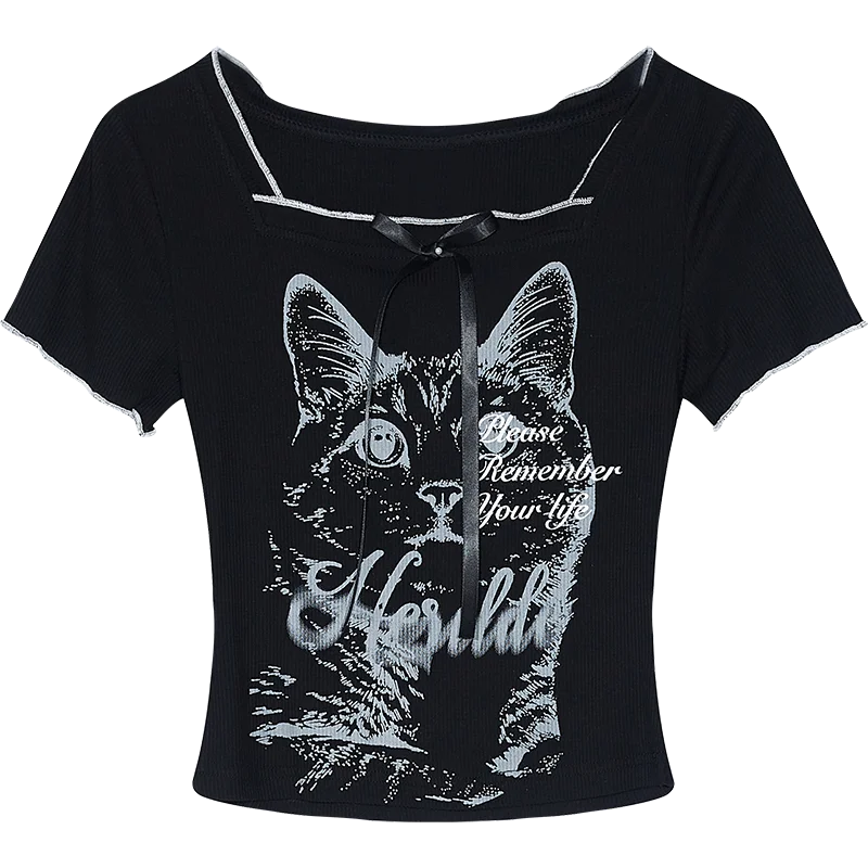 VILZSTUDIOS Chic Cat Print Square Neck Cropped T-Shirt