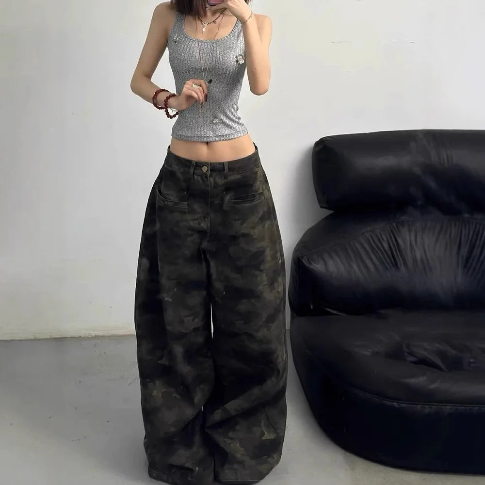 VILZSTUDIOS Women American Camo Style Wide Leg Jeans