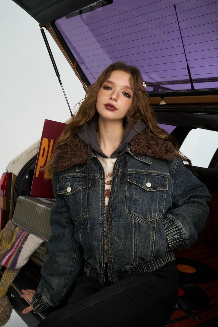 VILZSTUDIOS Retro Blue Fur Collar Denim Jacket