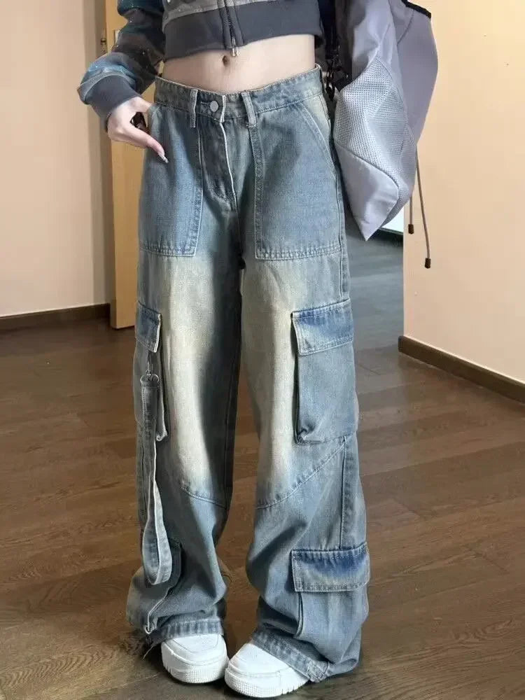 VILZSTUDIOS High Waist Spliced Denim Cargo Jeans