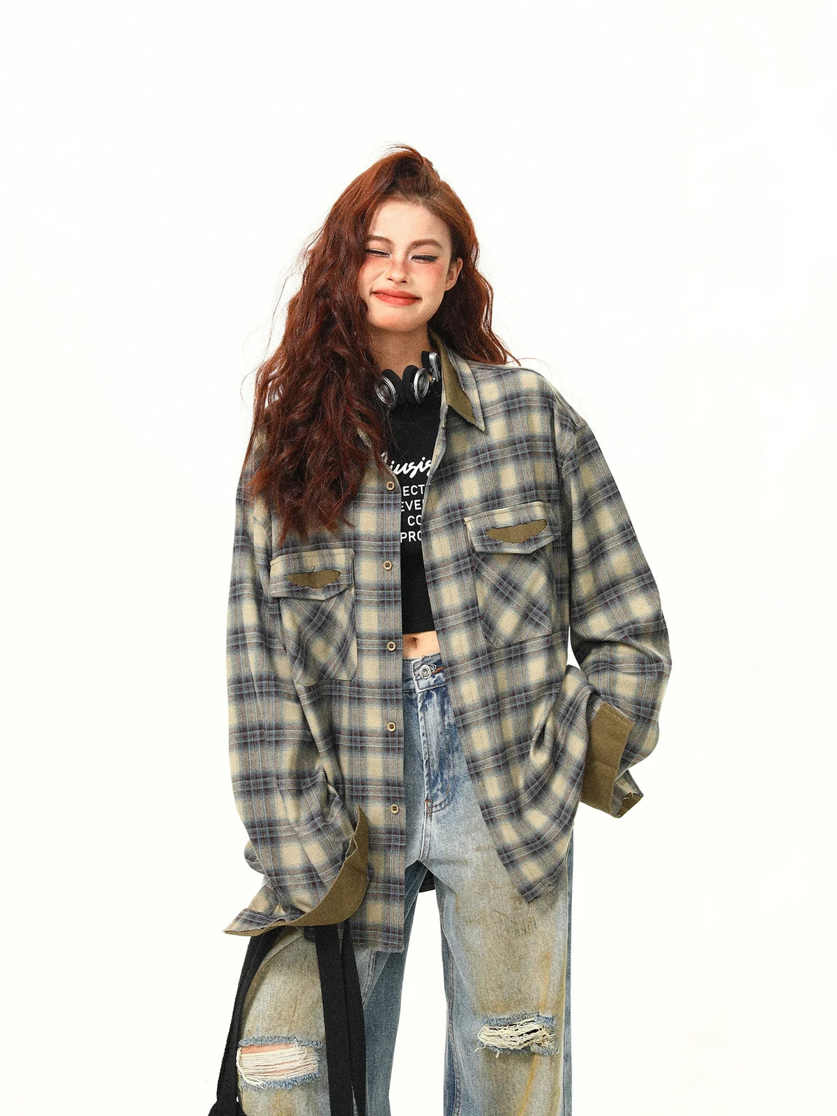VILZSTUDIOS Y2K Contrasting Color Plaid Shirt