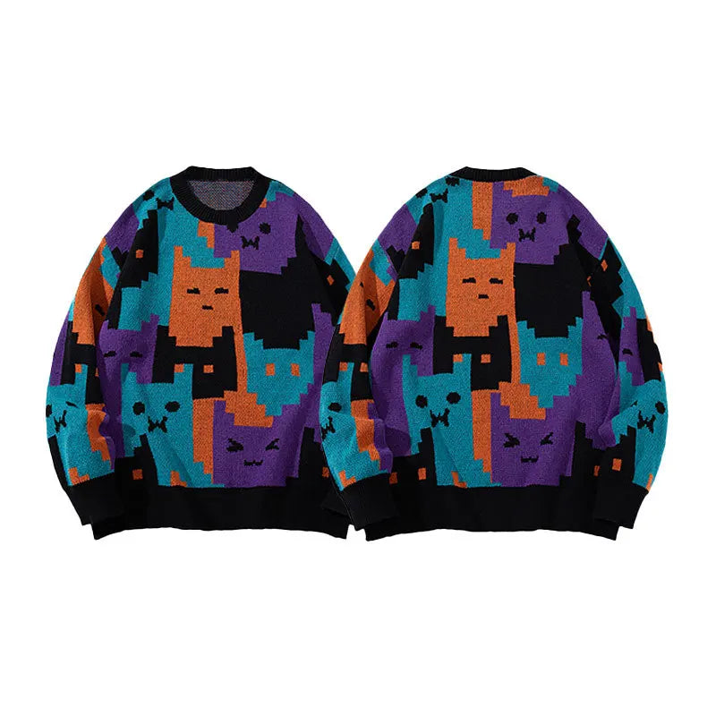 VILZSTUDIOS Vintage Oversize Pixelated Cartoon Cat Sweater