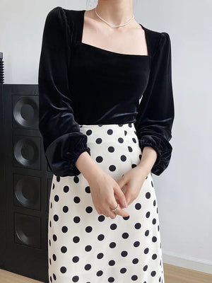 VILZSTUDIOS Black Velvet Square Neck Blouse