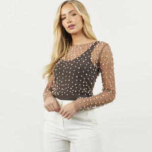 VILZSTUDIOS Stylish Pearl Mesh See-Through Long T-Shirt