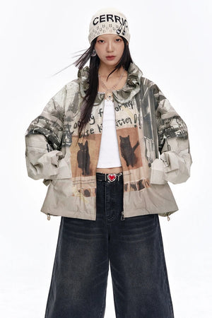 VILZSTUDIOS Retro Cats Print Loose Jacket
