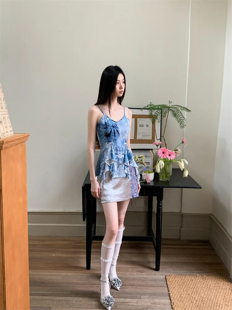 VILZSTUDIOS Blue Ruffles V-Neck Tank Top With Grey Mini Skirt
