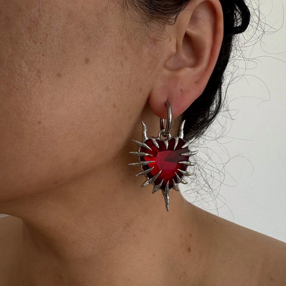 VILZSTUDIOS Edgy Gothic Red Heart Spike Earrings
