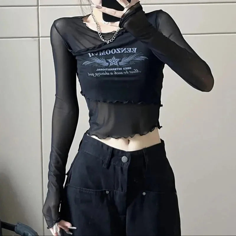 VILZSTUDIOS Seductive Mesh Ruffled Crop Top