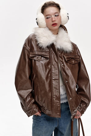 VILZSTUDIOS Plush Collar Spliced PU Jacket