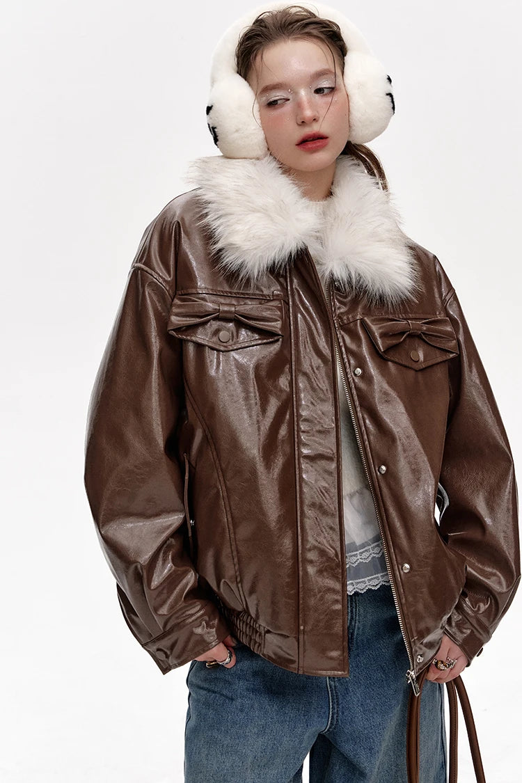 VILZSTUDIOS Plush Collar Spliced PU Jacket