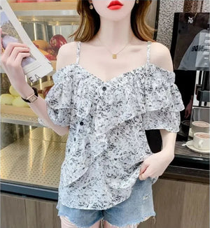 VILZSTUDIOS Stylish French Ruffled Off-Shoulder Suspender Blouse