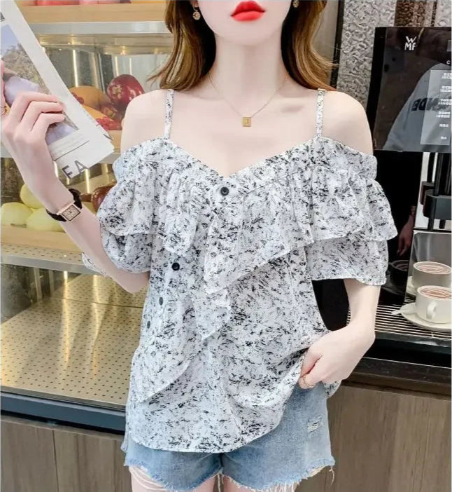 VILZSTUDIOS Stylish French Ruffled Off-Shoulder Suspender Blouse