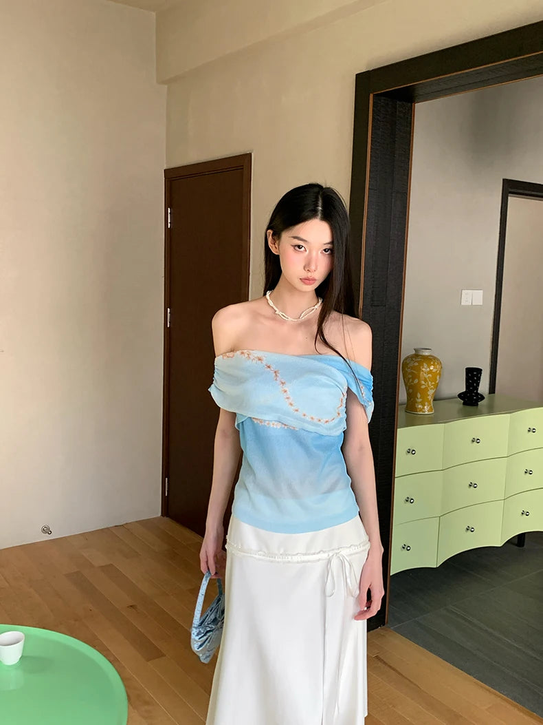 VILZSTUDIOS Blue Tie Dye Off Shoulder Blouse