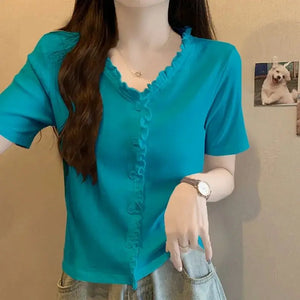 VILZSTUDIOS Elegant Summer V Neck Solid T-Shirt