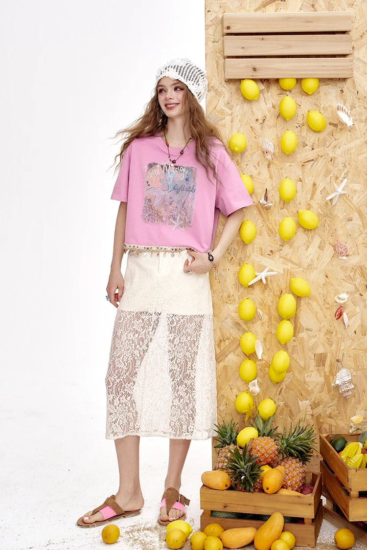 VILZSTUDIOS Chic Shell Tassel Print Loose T-Shirt