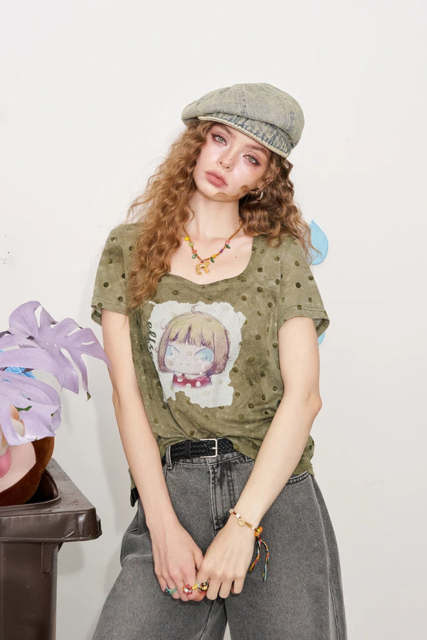 Polka Dot Cartoon Print T-Shirt