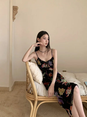 VILZSTUDIOS Black Floral Vacation Bodycon Slip Dress
