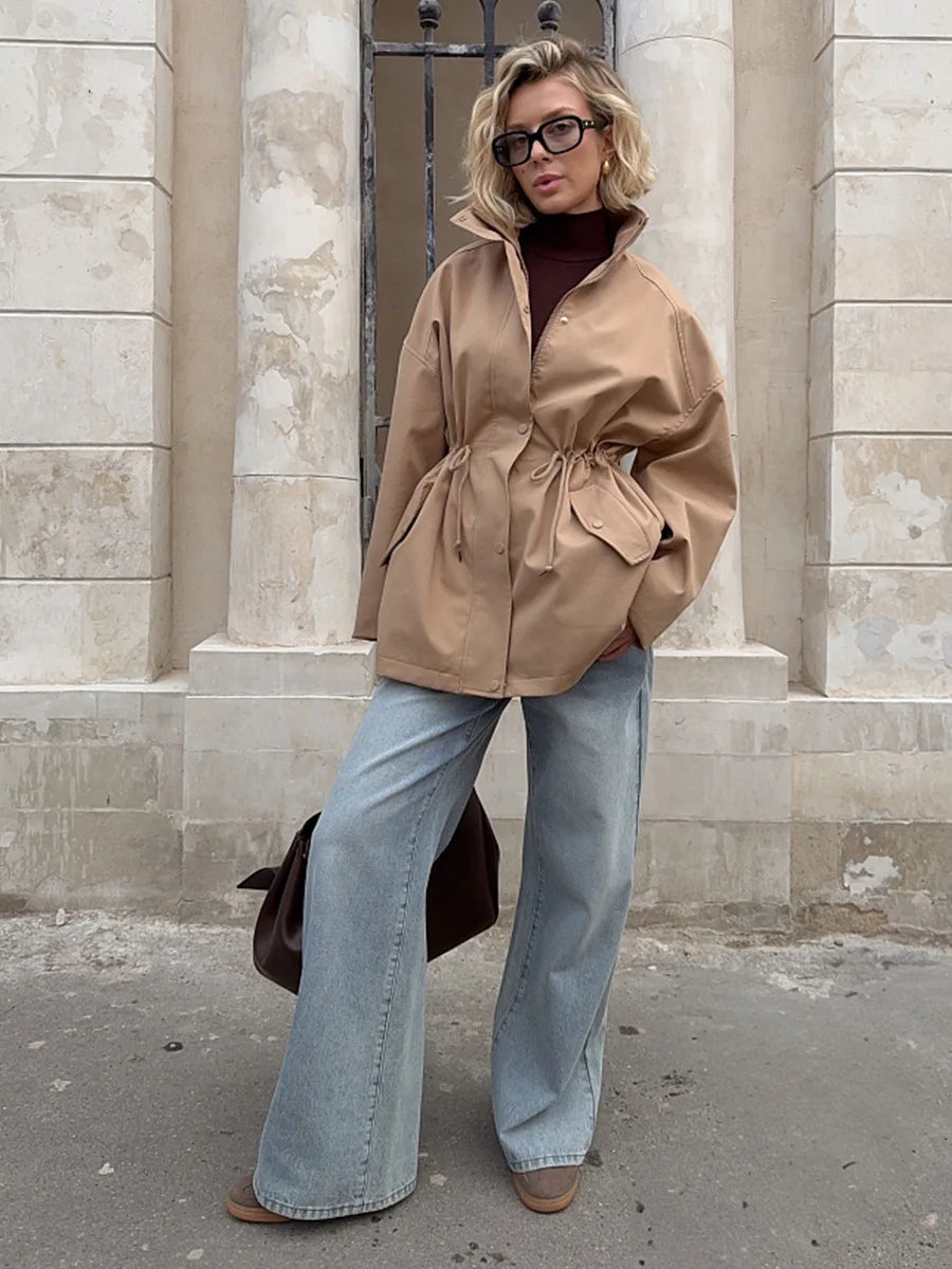 VILZSTUDIOS Stylish Stand Collar Mid-Length Trench Coat