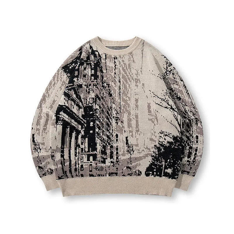VILZSTUDIOS Vintage Cityscape Oversize Knit Sweater