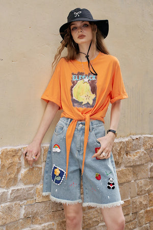 VILZSTUDIOS Fruit Printed Lace-Up Casual T-Shirt