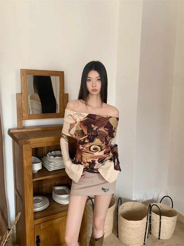 Vintage Off Shoulder Graphic Top
