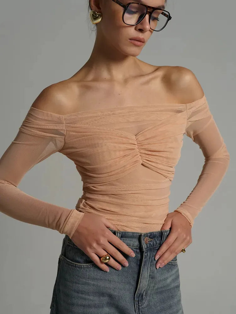 VILZSTUDIOS Elegant Mesh Off Shoulder Pleated T-Shirt