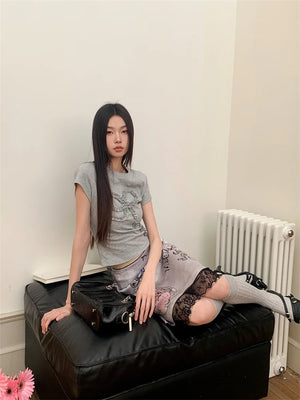 VILZSTUDIOS Stylish Grey Summer Short Sleeve T-Shirt With Lace Midi Skirt