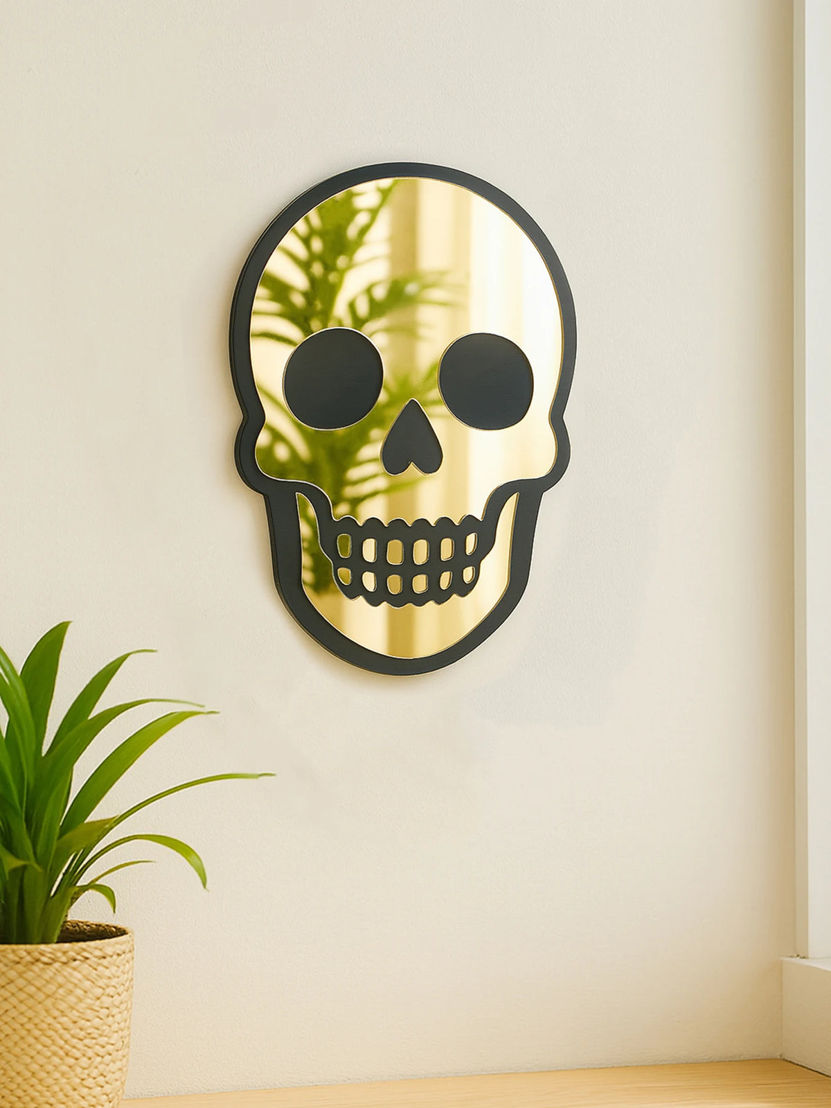 VILZSTUDIOS Halloween Skull Shaped Acrylic Wall Mirror Black Frame Wall Hanging Golden Decorative Mirror for Home Living Room & Bedroom Gift