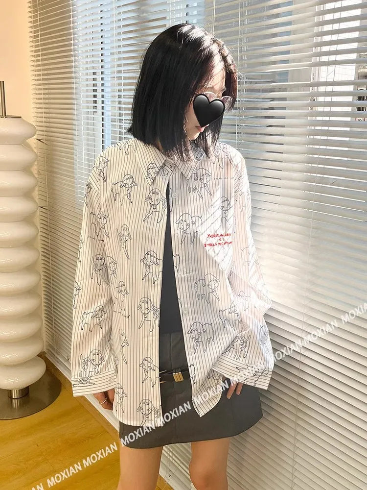 VILZSTUDIOS Sheep Striped Casual Long Sleeve Shirt