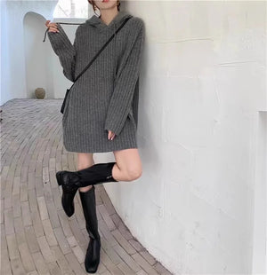 VILZSTUDIOS Cozy Wool Knitted Hooded Mini Dress