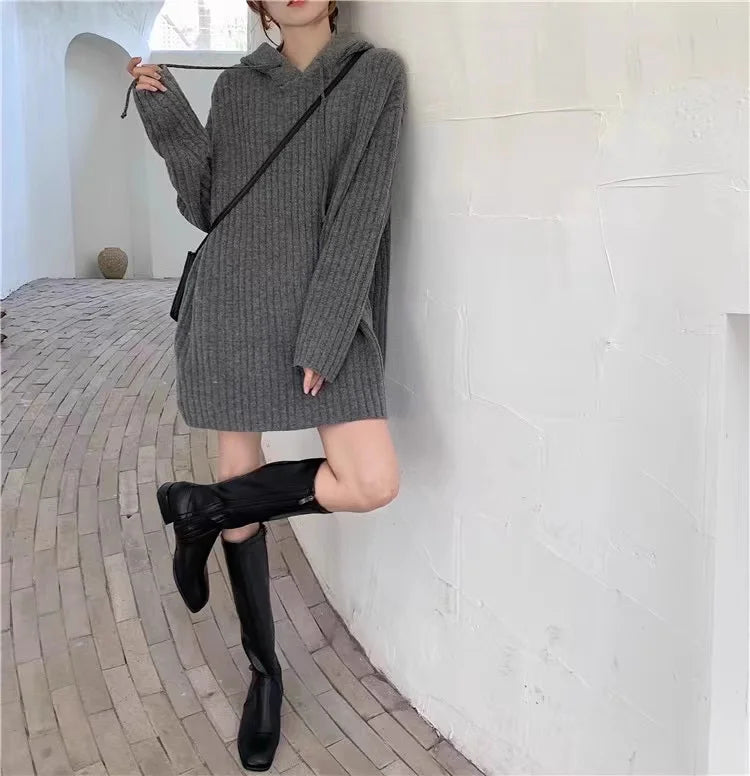 VILZSTUDIOS Cozy Wool Knitted Hooded Mini Dress
