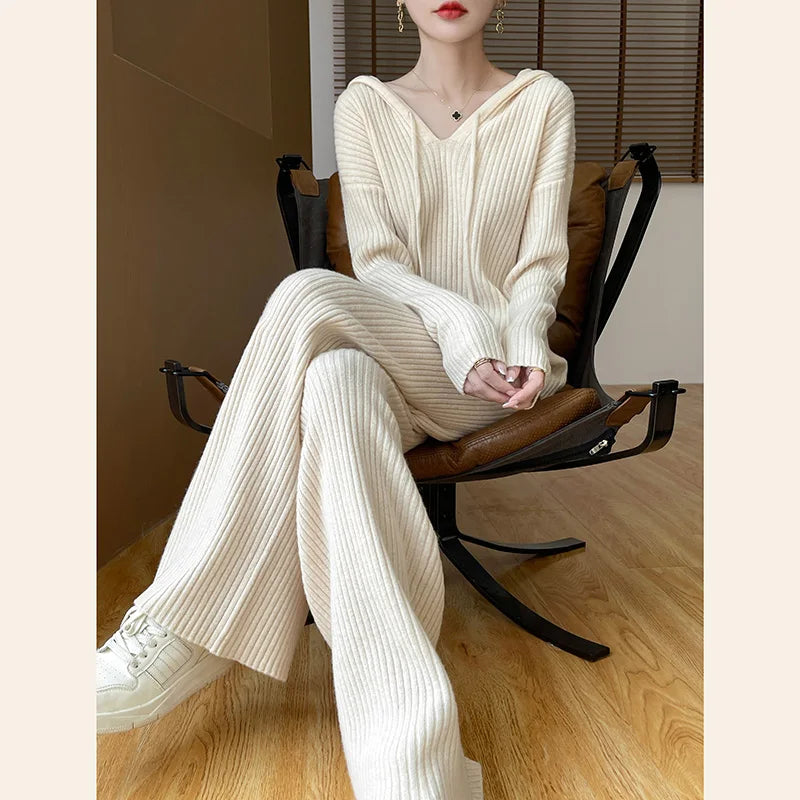 VILZSTUDIOS Cozy Knitted Wide Leg Pants & Hoodie Set