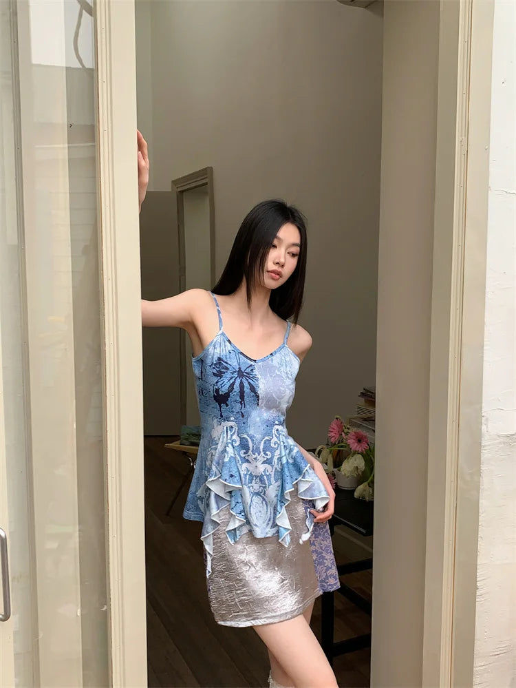 VILZSTUDIOS Blue Ruffles V-Neck Tank Top With Grey Mini Skirt