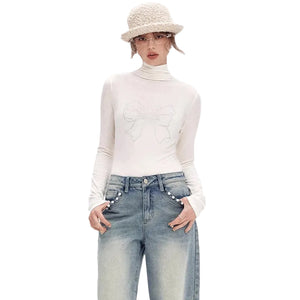 VILZSTUDIOS Sequined Bowknot Turtleneck Slim Top