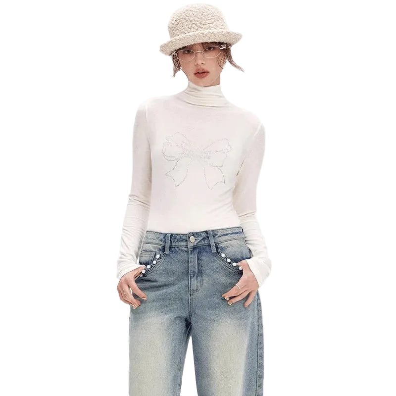 VILZSTUDIOS Sequined Bowknot Turtleneck Slim Top
